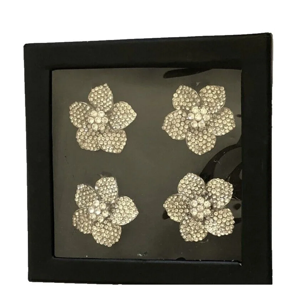 Tahari Rhinestone Napkin Rings Jeweled Flower Holiday Bling Set of 4